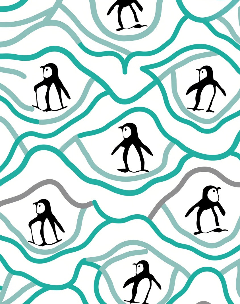 Wavy Teal Penguin Scene Rug