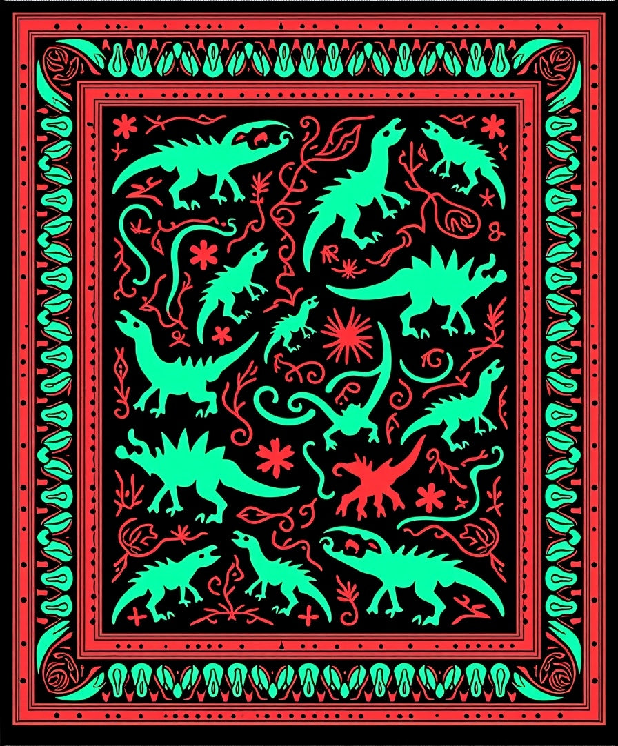 Tonal Dinosaur Tropical Botanical Border Rug