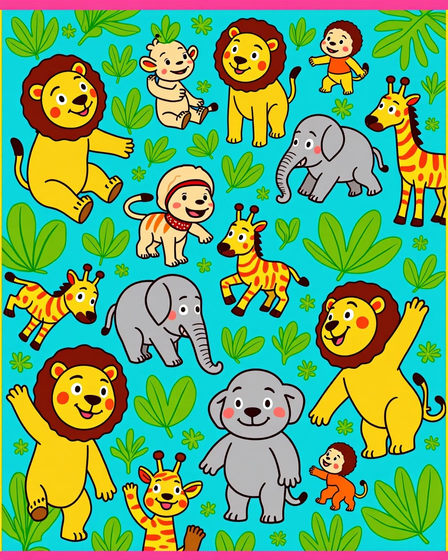 Cute Jungle Animals and Leaves Rug