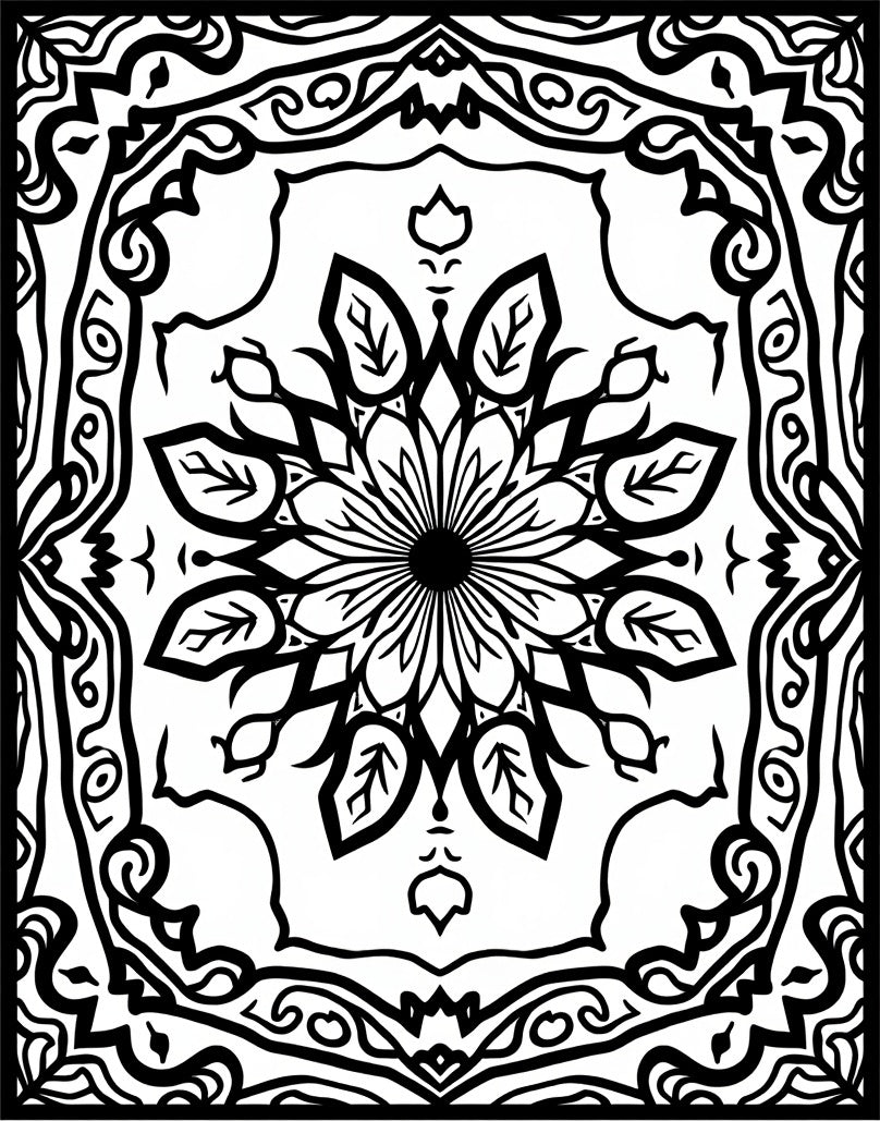 Bold Black Floral Medallion Frame Rug