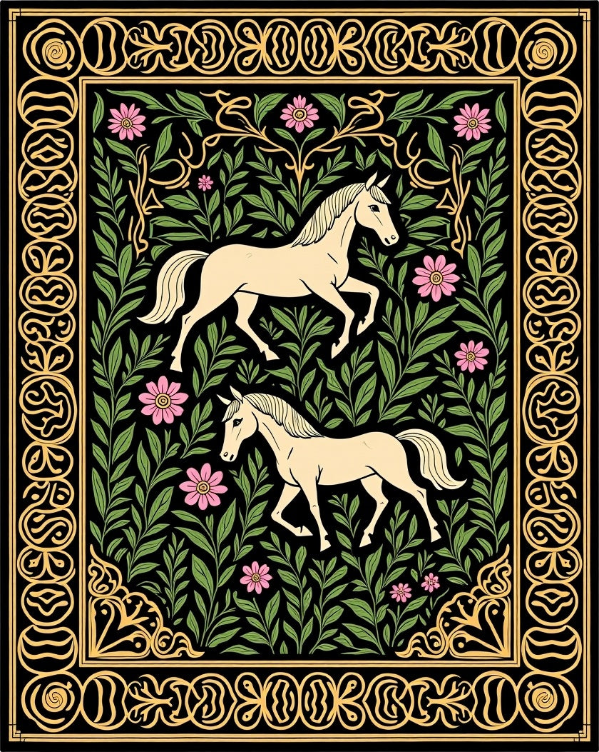 Cream Horses Pink Flowers Green Foliage Rug