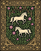 Cream Horses Pink Flowers Green Foliage Rug