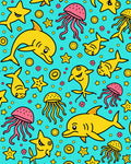 Whimsical Yellow Marine Creature Collage Rug