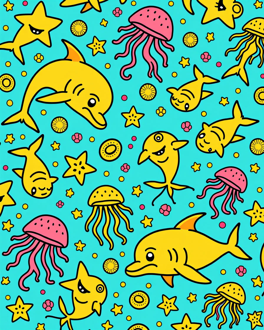 Whimsical Yellow Marine Creature Collage Rug