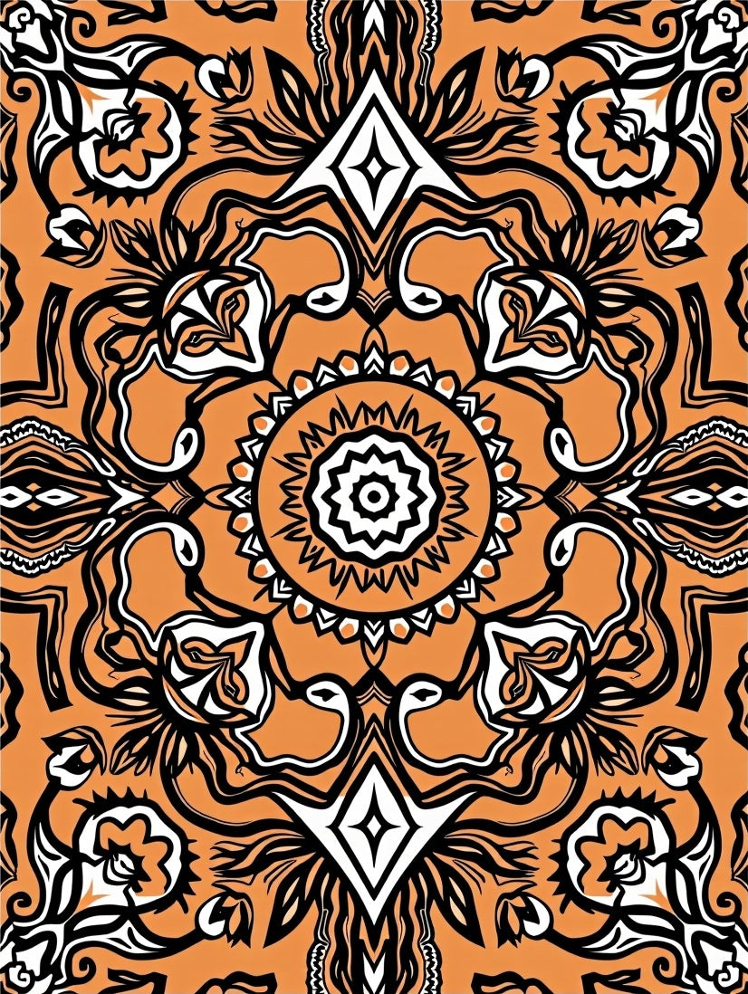 Orange Black White Paisley Medallion Rug