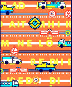 Yellow Blue Vehicles on Orange Stripes Rug