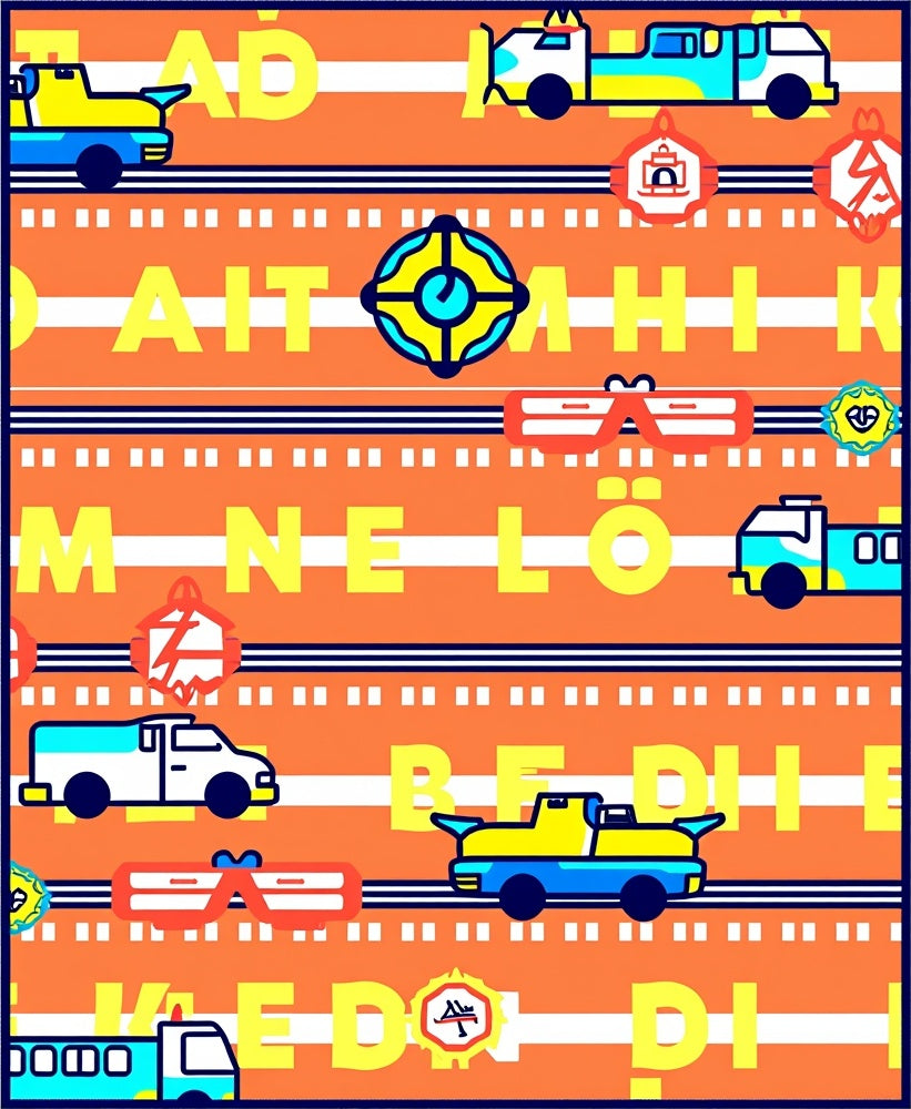 Yellow Blue Vehicles on Orange Stripes Rug