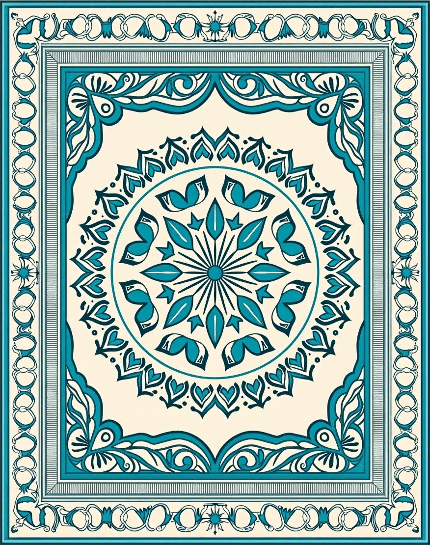 Elegant Teal Floral Mandala Border Rug