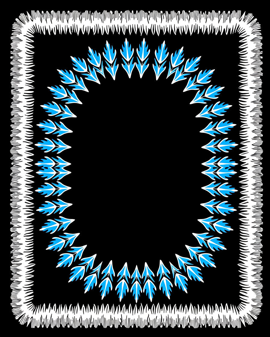 White Fringed Blue Leaf Border Rug