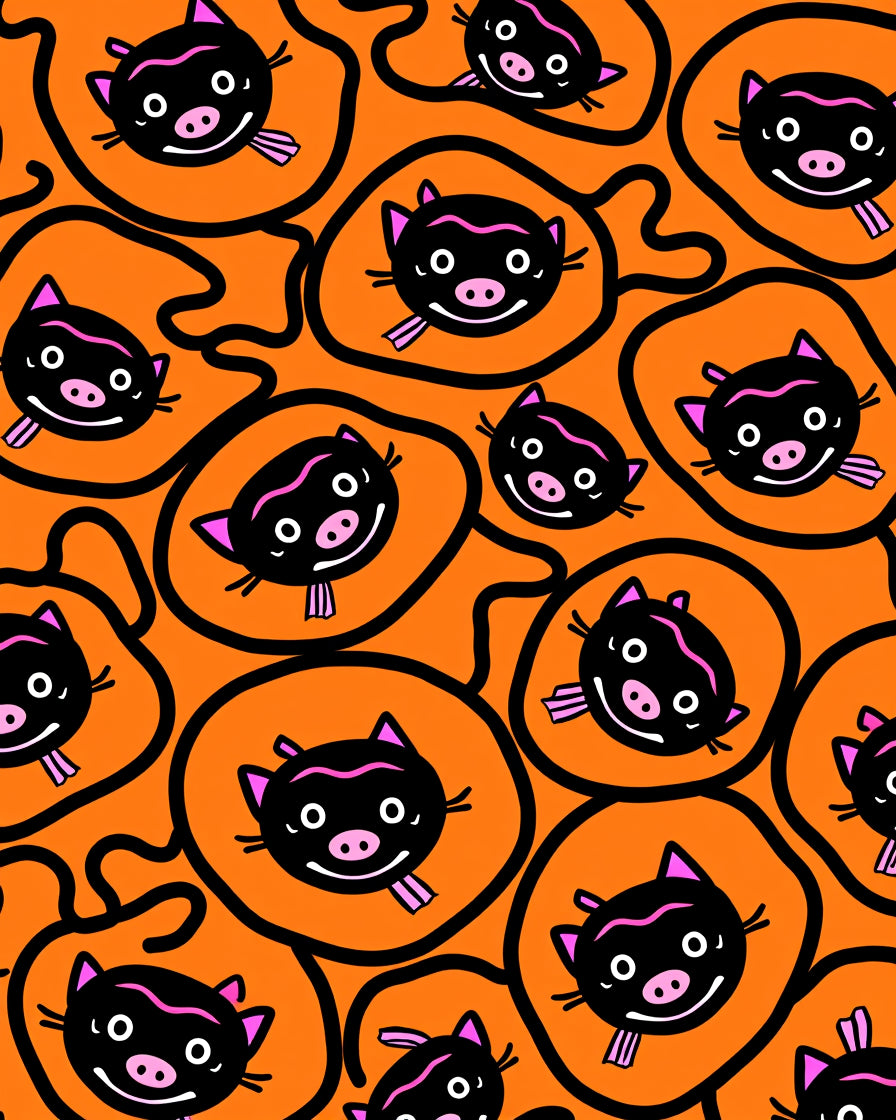 Playful Black Orange Pig Face Medallion Rug