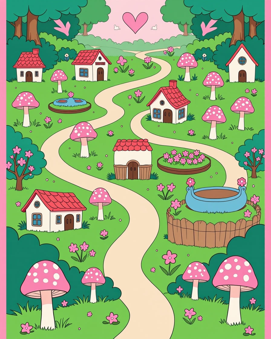 Whimsical Pink Mushroom Village Pathway Rug