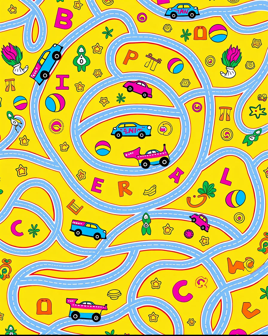 Playful Yellow Car Race Track Rug