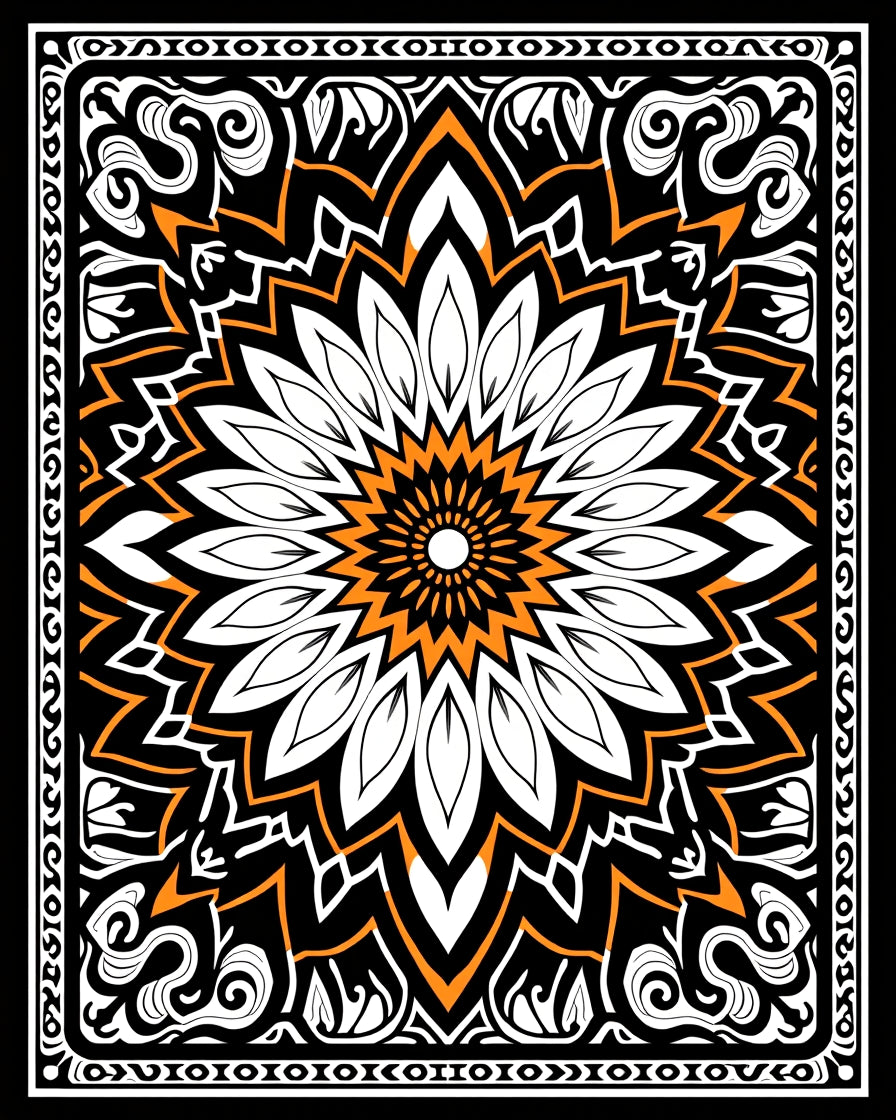 Bold Orange and White Floral Mandala Rug