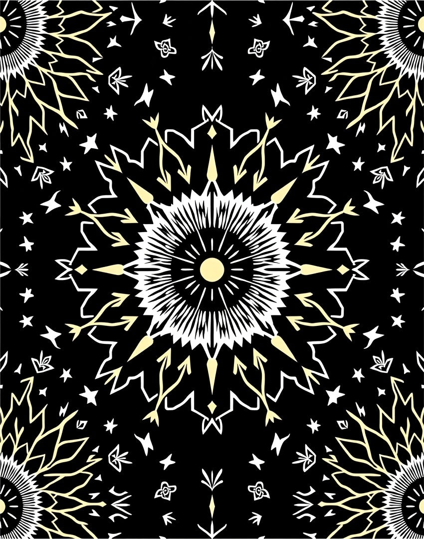 Black Yellow White Sunburst Mandala Rug