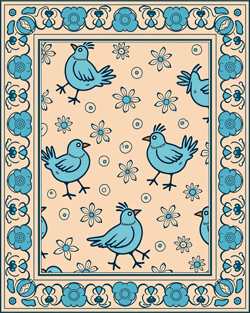 Whimsical Teal Bird Floral Motif Rug