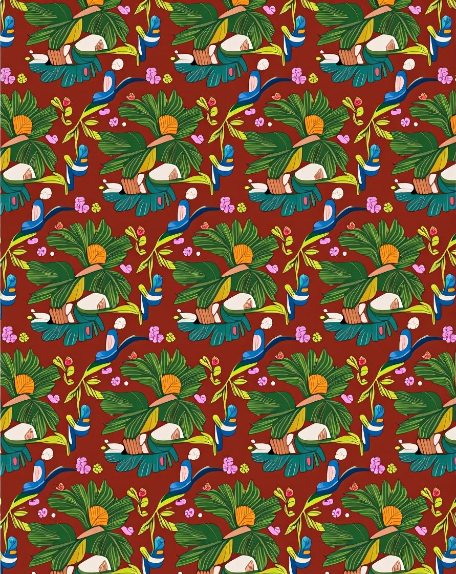 Tropical Teal Leaf Bird Medley Rug