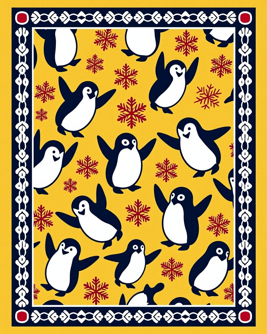 Yellow Penguin Snowflake Border Rug