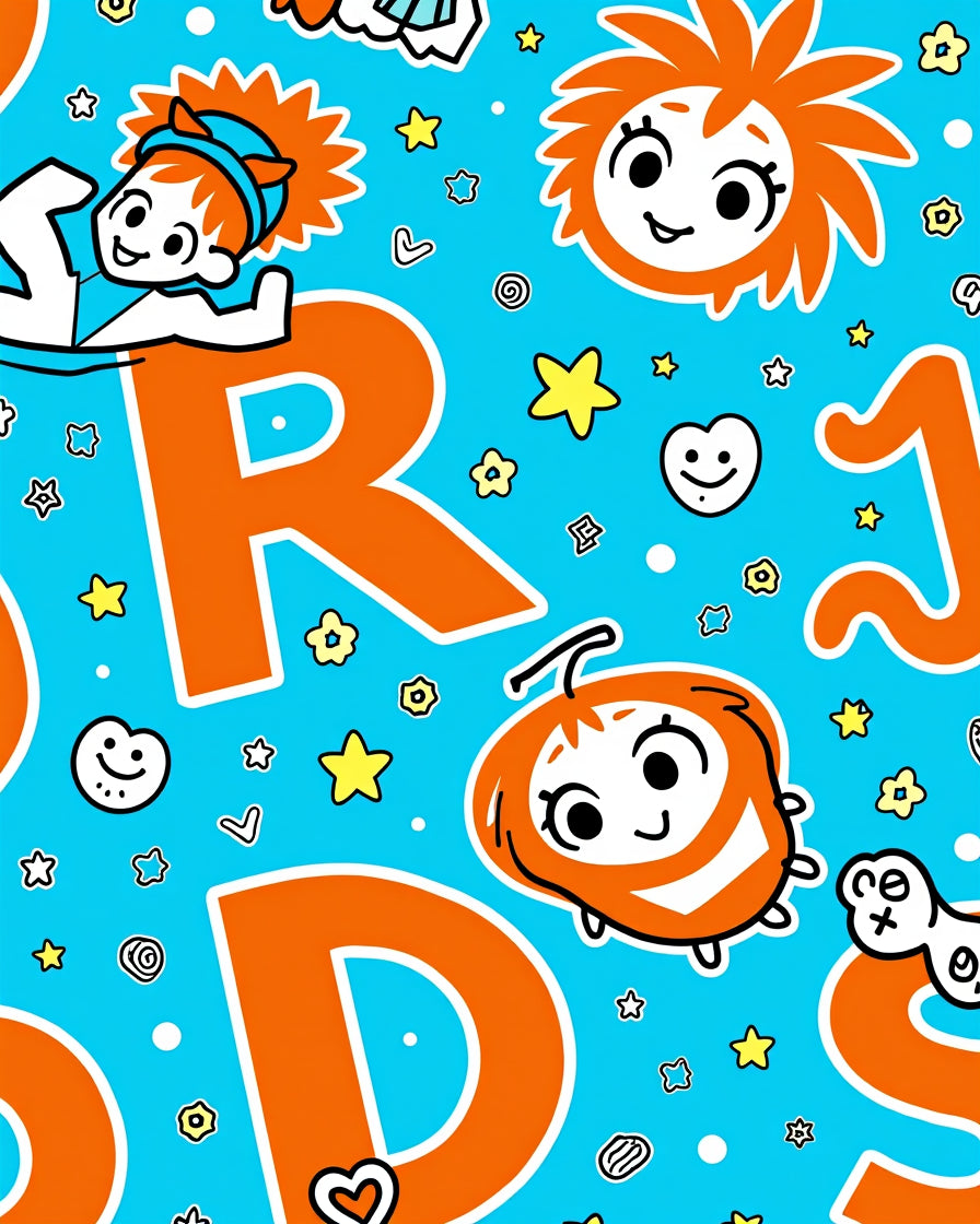 Playful Orange Characters Blue Whimsical Field Rug