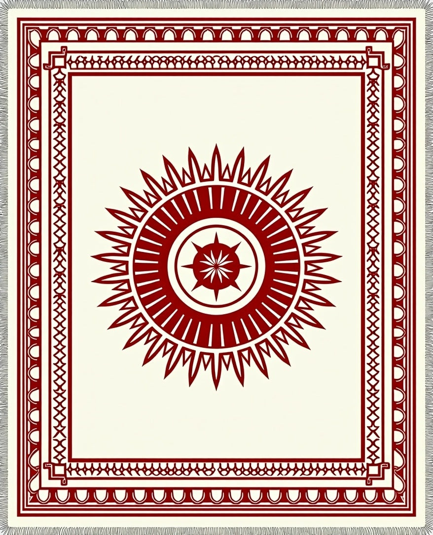 Crimson Sunburst Tribal Border Rug
