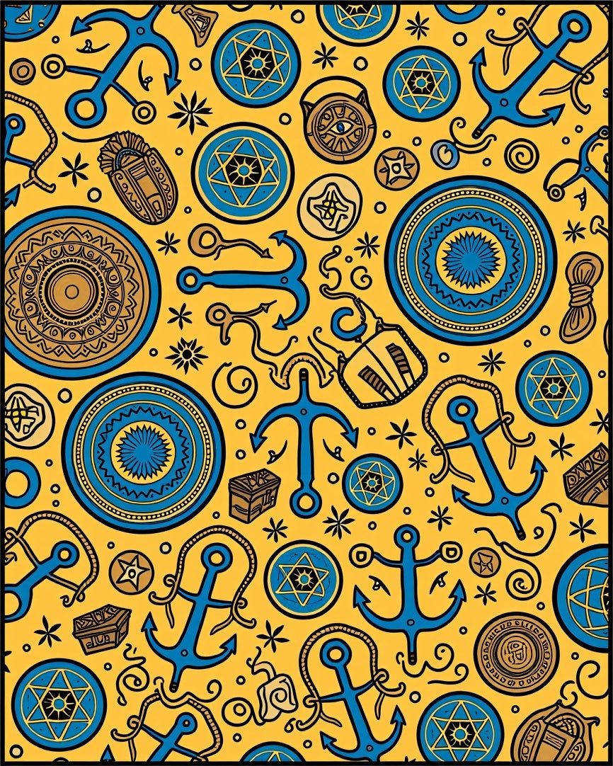 Nautical Blue Anchors Yellow Medallion Rug