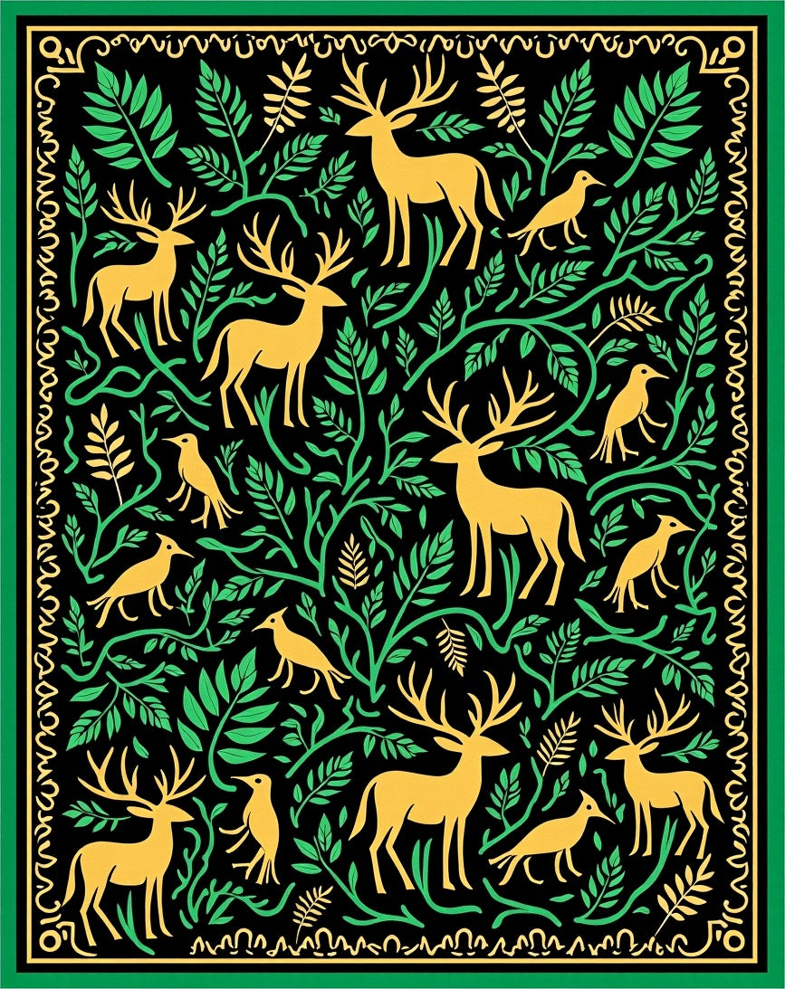 Golden Deer With Green Foliage Border Rug