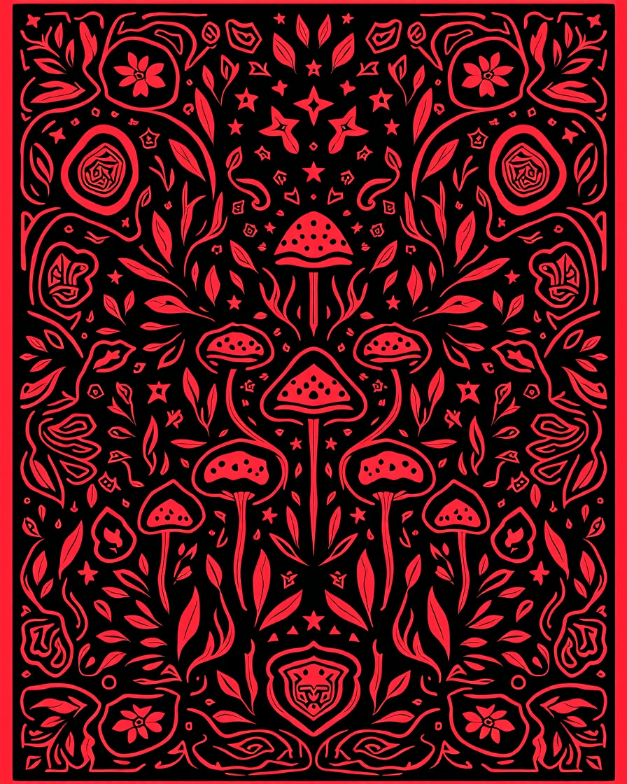 Crimson Red Mushroom Garden Tapestry Rug
