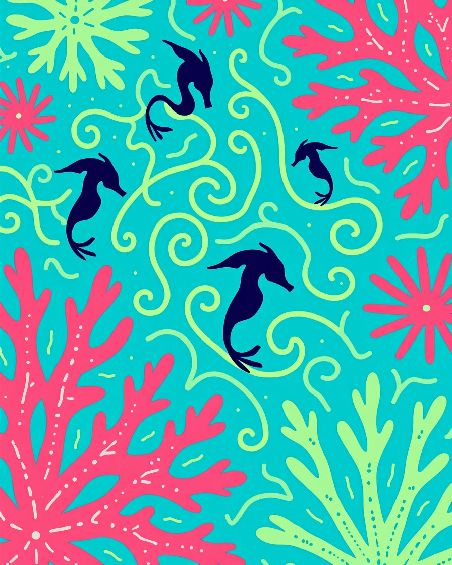 Marine Life Seahorse Coral Swirls Teal Rug
