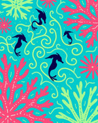 Marine Life Seahorse Coral Swirls Teal Rug