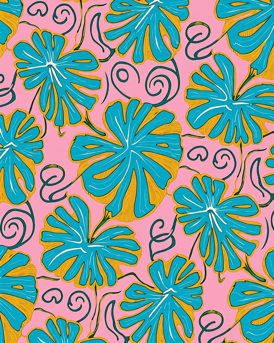 Tropical Pink Teal Leaf Swirl Rug