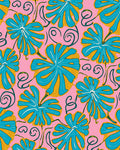 Tropical Pink Teal Leaf Swirl Rug