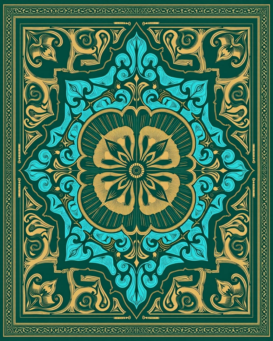 Emerald Teal Gold Floral Medallion Artwork Rug