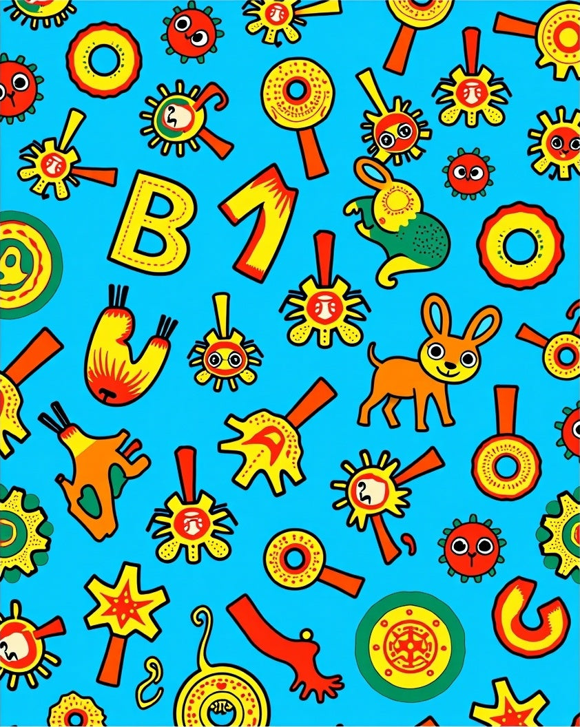 Whimsical Yellow Blue Character Collage Rug