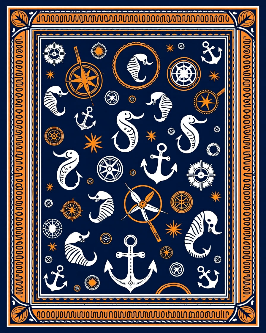 Nautical Seahorse Anchor Compass Navy Rug