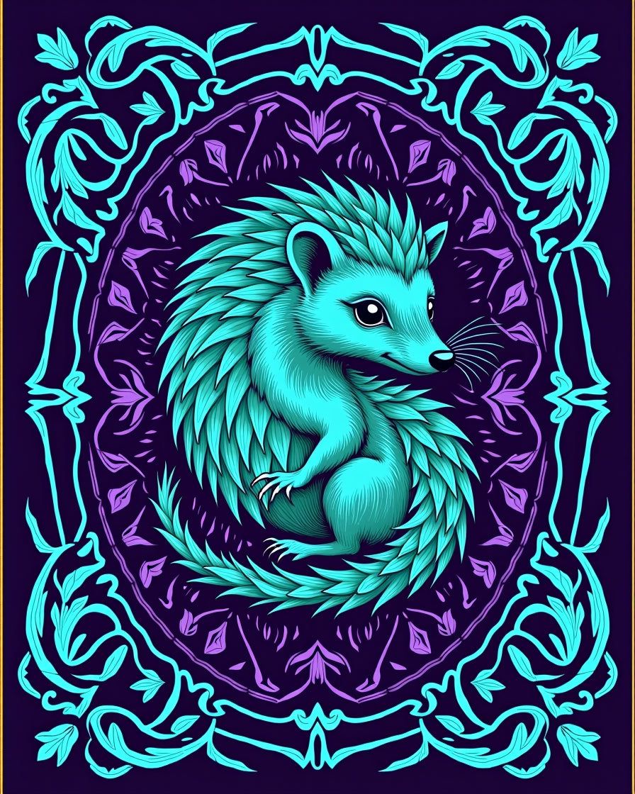 Turquoise Hedgehog Amidst Floral Mandala Rug