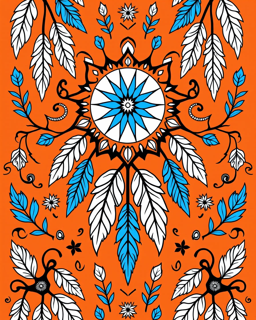 Vibrant Orange Feathered Mandala Rug