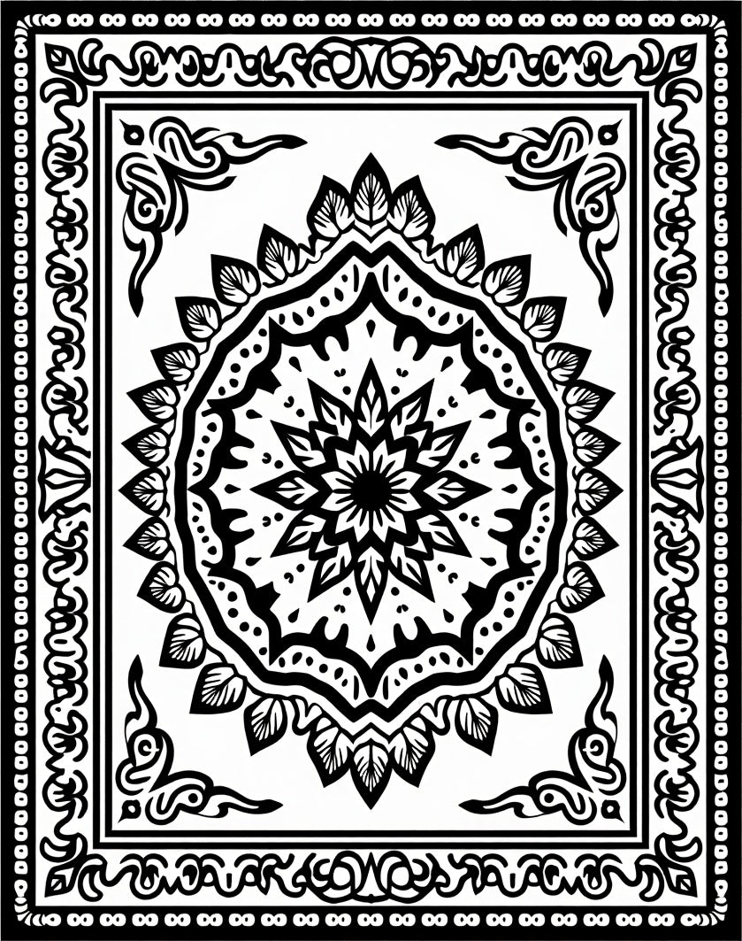 Black White Intricate Mandala Border Rug