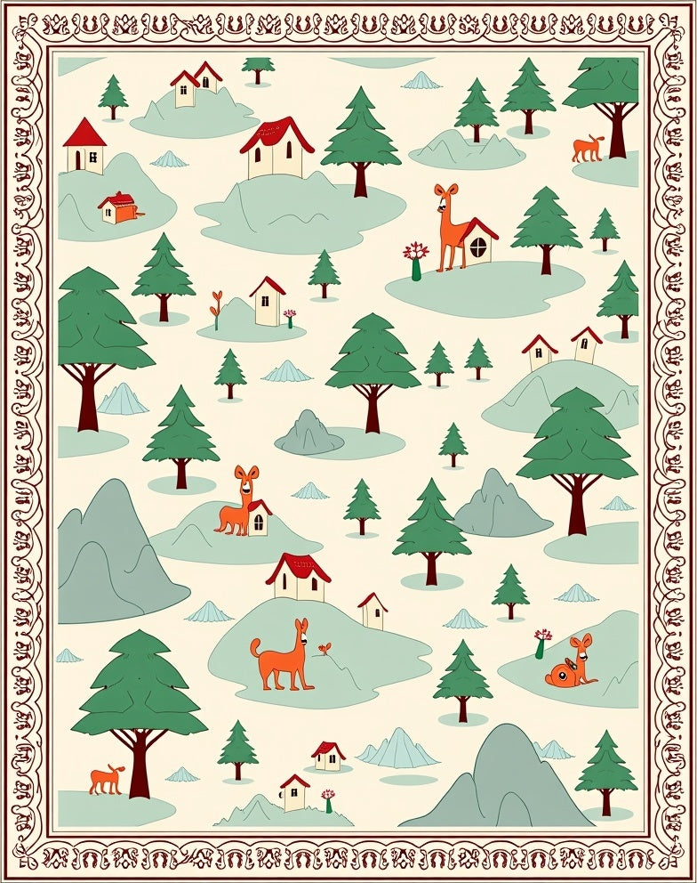 Whimsical Woodland Village Deer Scene Rug