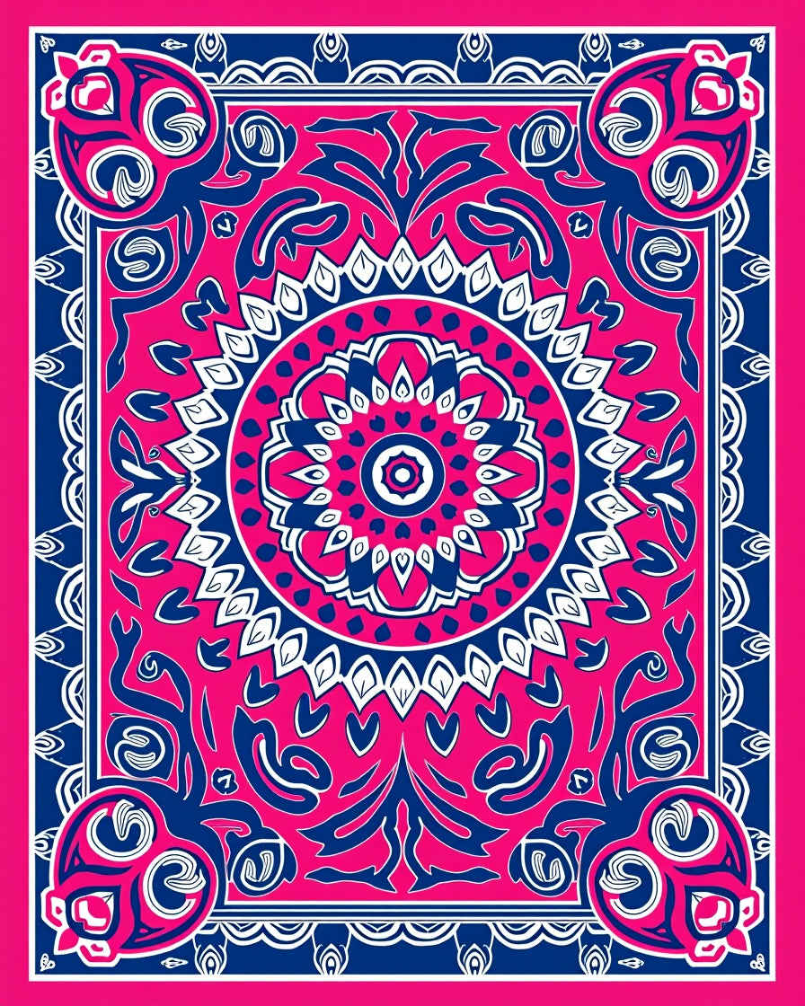 Vibrant Pink Blue Medallion Border Rug