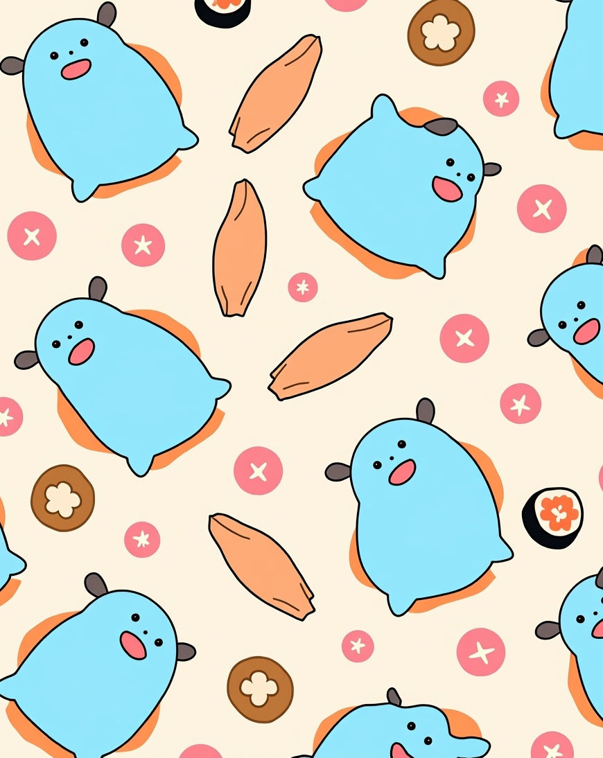 Cute Blue Characters with Food Scattered Rug