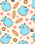 Cute Blue Characters with Food Scattered Rug