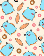 Cute Blue Characters with Food Scattered Rug