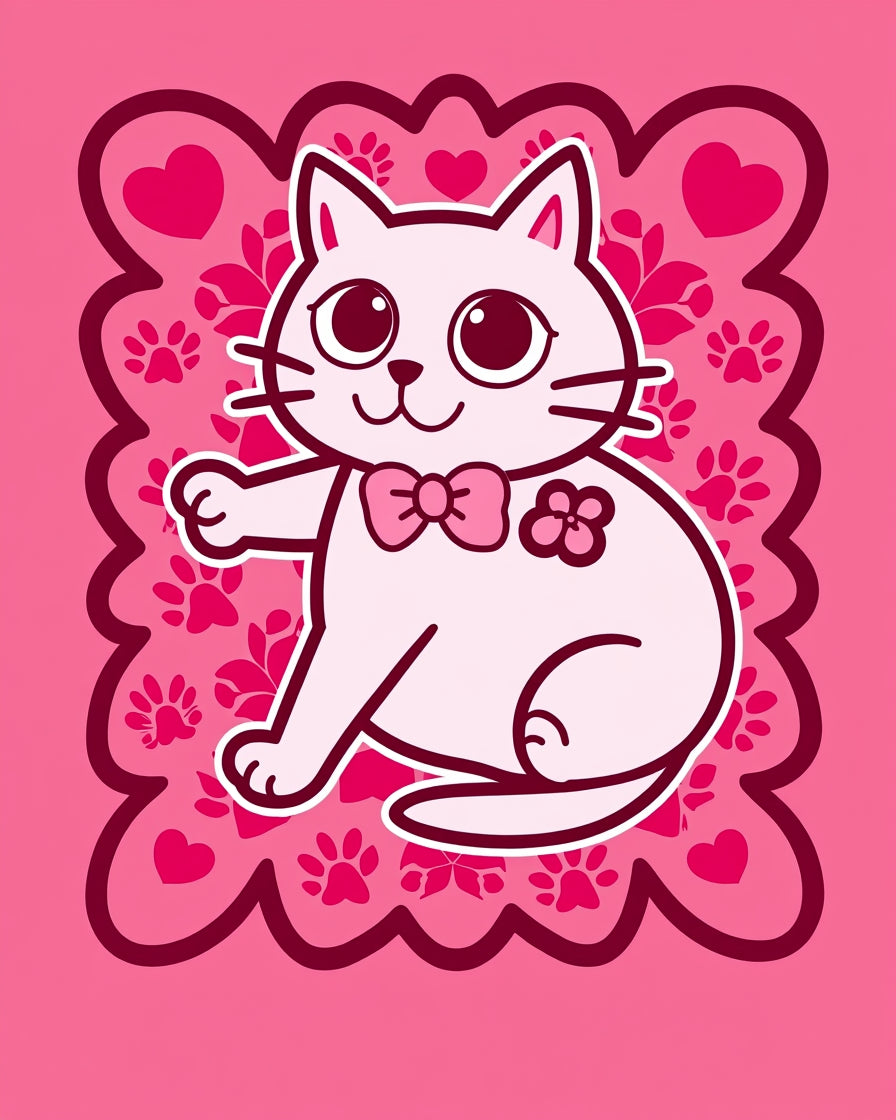 Cute Pink Cat Hearts Paw Prints Rug