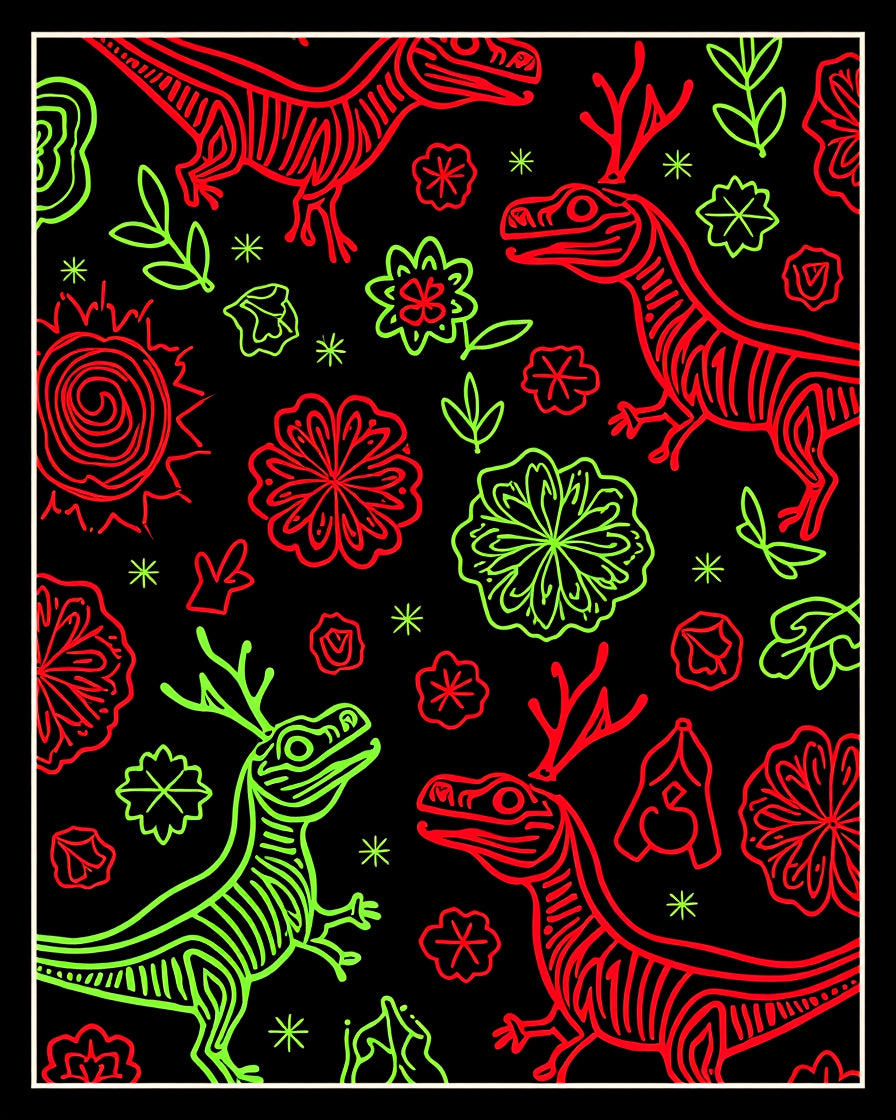 Red Green Dinosaur Floral Collage Rug