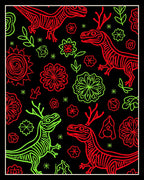 Red Green Dinosaur Floral Collage Rug
