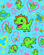 Cute Green Dinosaurs Pink Hearts Butterflies Rug