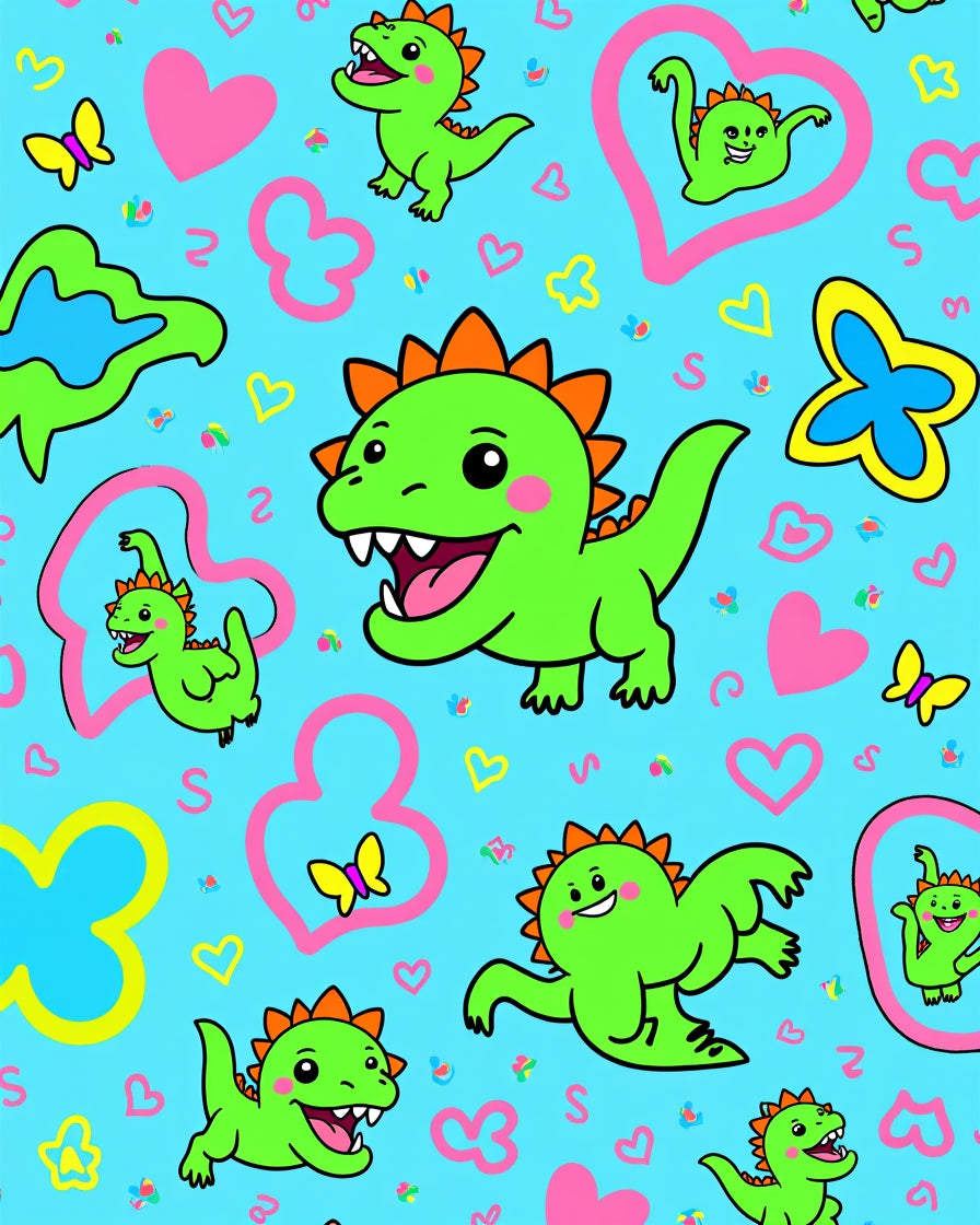 Cute Green Dinosaurs Pink Hearts Butterflies Rug