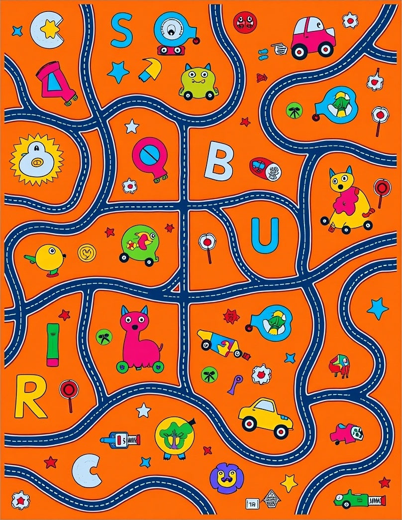 Bright Orange Cartoon Car Alphabet Playmat Rug
