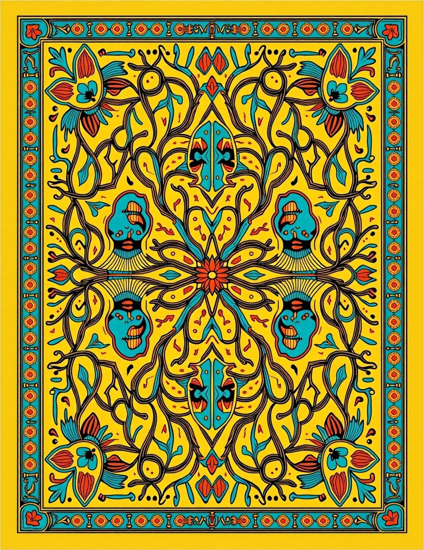 Vibrant Yellow Floral Face Border Rug