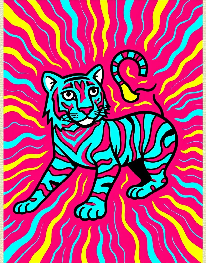 Vibrant Cyan Tiger with Pink Stripes Rug