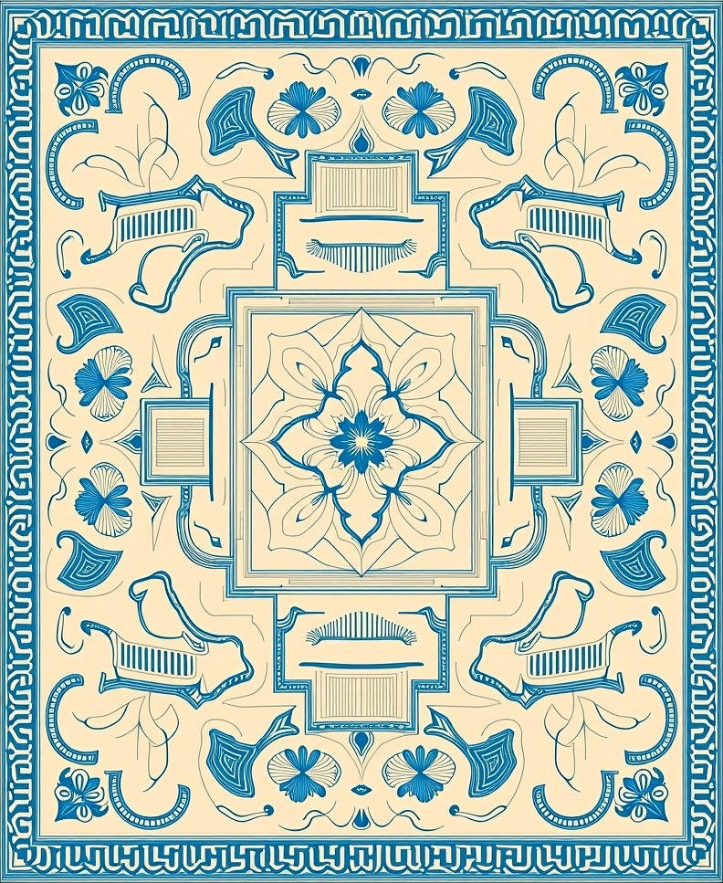 Blue Ivory Floral Medallion Border Rug